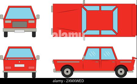 Vector illustration of flat car set in flat design style. front, back, side and top view of cars. Stock Vector