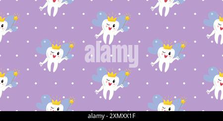 Seamless pattern with tooth fairy in shimmering crown and holding golden wand on purple polka dot background. Suitable for wallpaper, bedding, wrappin Stock Vector