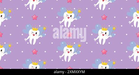 Seamless pattern featuring a cute tooth fairy with a sparkling tiara and a magic wand surrounded by pink stars on a purple polka dot background. Suita Stock Vector