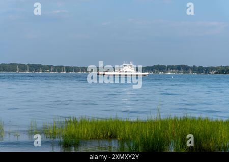 Ferry boat traveling from Greenport to Shelter Island on Long Island, NY Stock Photo