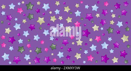 A vibrant pattern featuring colorful stars of various sizes on a lilac background. Ideal for wallpaper, print for childrens clothing and accessories. Stock Vector