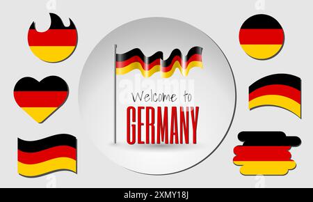 Set of Germany flags and waving Germany flag in vector with the inscription Welcome to Germany! Stock Vector