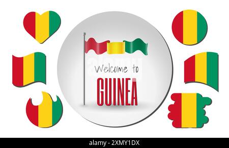 Set of Guinea flags and waving Guinea flag in vector with the inscription Welcome to Guinea! Stock Vector
