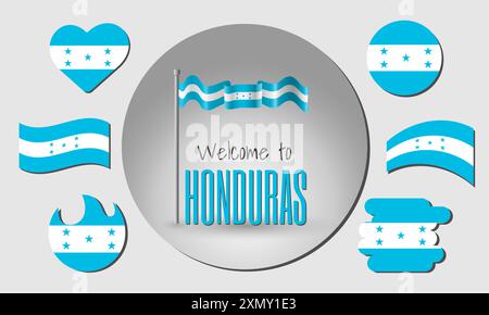 Set of Honduras flags and waving Honduras flag in vector with the inscription Welcome to Honduras! Stock Vector