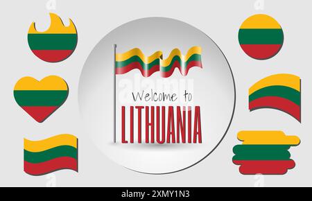 Set of Lithuania flags and waving Lithuanian flag in vector with the inscription Welcome to Lithuania! Stock Vector