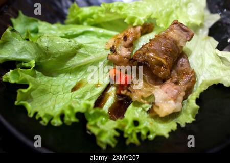 Grilled meat with spices and chili on fresh green lettuce. A delicious and spicy dish served on a dark plate. Stock Photo