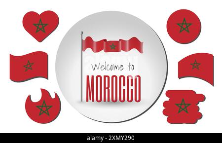 Set of Morocco flags and waving Morocco flag in vector with the inscription Welcome to Morocco! Stock Vector