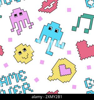 Pixel Y2k retro seamless pattern. 90s trendy playful pixel art. 8bit aesthetics vector illustration. Simple geometric form, smile, lips, heart. Funny colored badge isolated on white. Stock Vector