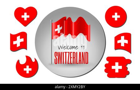 Set of Switzerland flags and waving Switzerland flag in vector with the inscription Welcome to Switzerland! Stock Vector