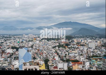 Panoramic aerial view of Nha Trang city in Vietnam in the morning with sky and clouds. Nha Trang, Vietnam - July 18, 2024 Stock Photo