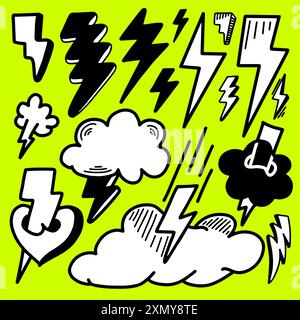 set of hand drawn vector doodle electric lightning bolt symbol sketch illustrations. thunder symbol doodle icon. Stock Vector