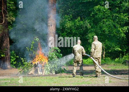 Foresters fighting fire in a forest. Stock Photo