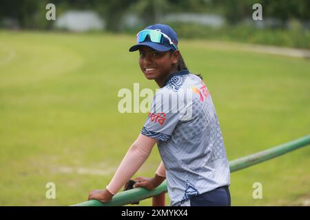 Bangladeshi fast bowler Marufa Akhter is seen Bangladesh Women’s cricket team attends practice at Bangladesh Krira Shikkha Protishtan Ground-4 in Zira Stock Photo