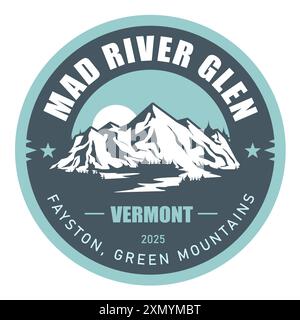 Mad River Glen, Vermont, Green Mountains ski resort stamp, emblem with snow covered mountains, vector Stock Vector