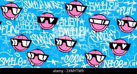 Creative Trendy Abstract Street Art Graffiti Style Happy Smiling Face Seamless Background Template Stock Vector