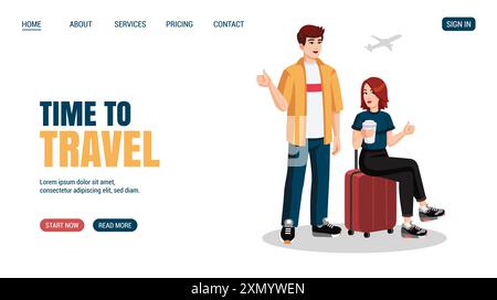 Young couple with suitcase showing thumbs up. Travelling concept website, web page design. Vector illustration. Stock Vector