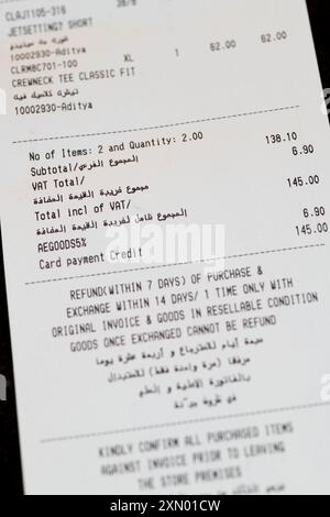 United Arab Emirates, Dubai, Januyary 1st, 2018. Introduction of Value Added Tax (VAT) from January 1, 2018; receipt showing 5% VAT. Stock Photo