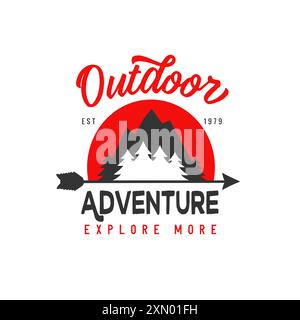 Outdoor adventure, mountain with pine trees on sunrise, camp logo. Concept for travel company emblem or t-shirt design. Vector illustration Stock Vector