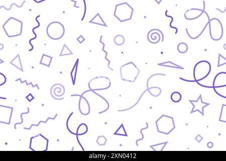 Geometric doodles seamless pattern. Fun 1990s style purple white fashion print design. Dynamic smart funky vector texture. Stock Vector