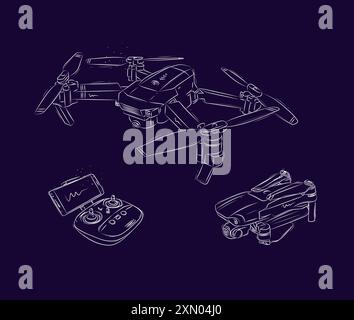 Drone quadcopter in folded and unfolded form and controller for remote control drawn in white on blue background Stock Vector