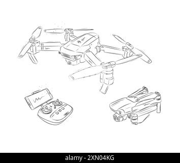Drone quadcopter in folded and unfolded form and controller for remote control drone drawn in white on blue background Stock Vector