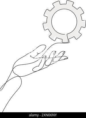 Continuous one line drawing of human hand holding metal gear. Machine wheel gear in arm drawn with single line. Cogwheel on palm. Vector illustration Stock Vector