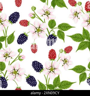 Seamless pattern with flower and natural blackberry berry. Stock Vector