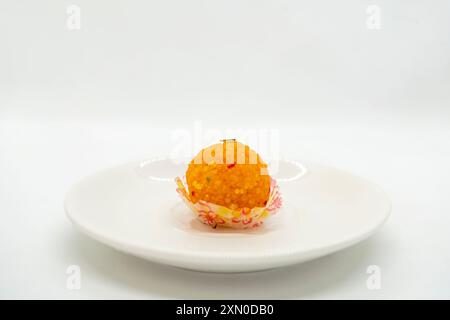 A Plate of Motichur Laddoo Laddu for Indian Festival Diwali Sweets Stock Photo