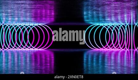 Neon lights purple  blue tunnel effect on a dark background 3d Stock Photo