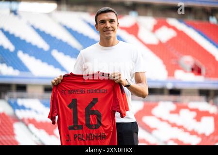 Munich, Germany. 30th July, 2024. Joao Palhinha stands in the Allianz Arena during his introduction as a new signing for Bundesliga club FC Bayern Munich. Credit: Lukas Barth/dpa/Alamy Live News Stock Photo