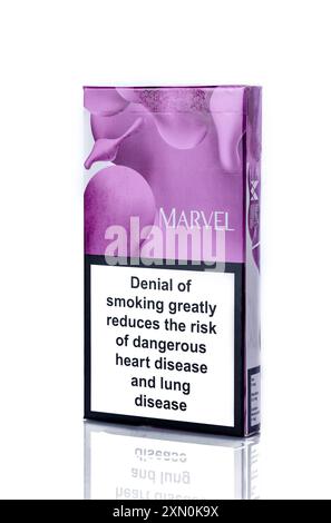 Gaziveren, Cyprus -07.23.2024 pack of Marvel cigarettes on a white  background Stock Photo