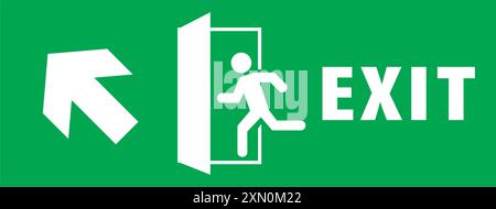 Emergency exit sign, running man icon to door, warning sign plate, warning sign danger icon green color Stock Vector