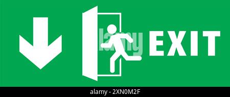 Emergency exit sign, running man icon to door, warning sign plate, warning sign danger icon green color Stock Vector