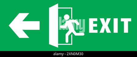 Emergency exit sign, running man icon to door, warning sign plate, warning sign danger icon green color Stock Vector