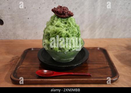 Matcha Kakigori (Japanese shaved ice dessert) with azuki in Kyoto, Japan Stock Photo