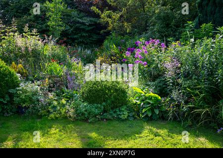 English country garden full of growth and flowering perennials in mid summer. Stock Photo