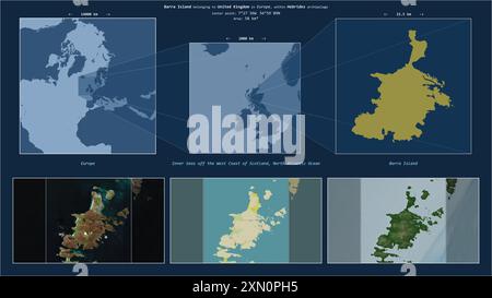 Barra Island in the North Atlantic Ocean - belonging to United Kingdom. Described location diagram with yellow shape of the island and sample maps of Stock Photo