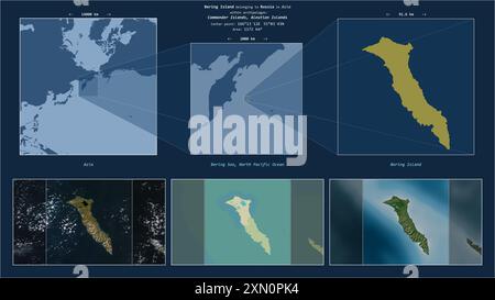 Bering Island in the Bering Sea - belonging to Russia. Described location diagram with yellow shape of the island and sample maps of its surroundings Stock Photo