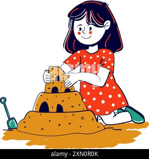 Happy girl building sand castle. Naive child drawing doodle style vector illustration. Stock Vector