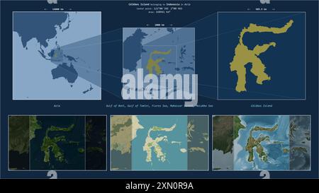 Celebes Island in the Java Sea - belonging to Indonesia. Described location diagram with yellow shape of the island and sample maps of its surrounding Stock Photo