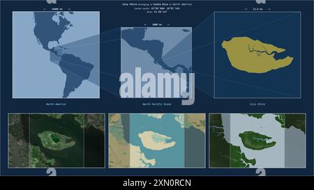 Isla Chira in the North Pacific Ocean - belonging to Costa Rica. Described location diagram with yellow shape of the island and sample maps of its sur Stock Photo