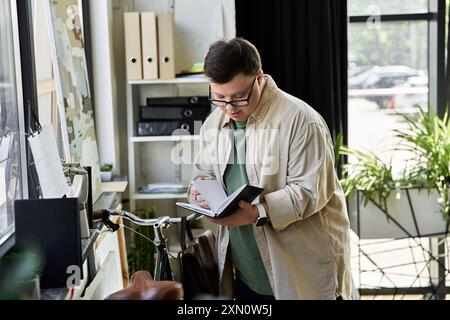 Young man with Down syndrome reviewing notes while standing near a bicycle. Stock Photo