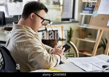 A young man with Down syndrome sits at a desk, using a smartphone. Stock Photo
