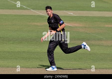 London, UK. 30th July, 2024. Dom Goodman bowling as Surrey take on Gloucestershire in the Metro Bank One-Day Cup at the Kia Oval. Credit: David Rowe/Alamy Live News Stock Photo