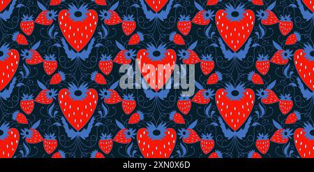 Strawberry retro coquette cute seamless pattern repeat of handdrawn, leaves and flowers Stock Vector