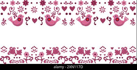 Floral pattern, border, floral ornament with birds flowers and hearts, striped pattern Stock Vector