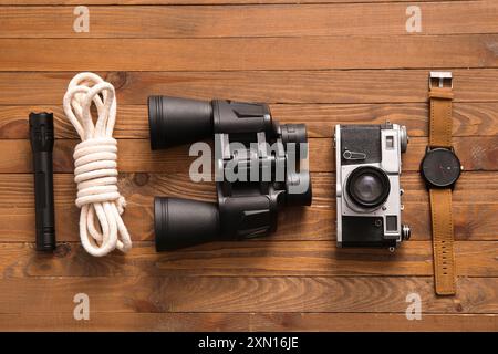Travel items on wooden background Stock Photo