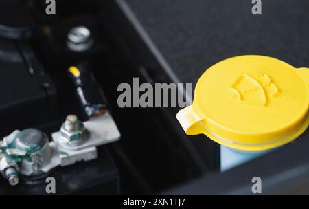 Water washer cap in modern car close up view Stock Photo