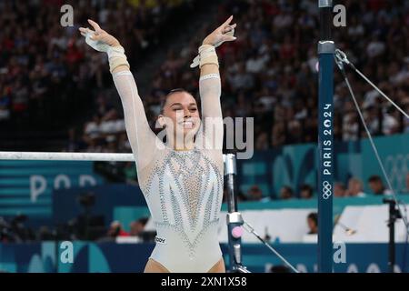 PARIS, FRANCE. 30th July, 2024.   Giorgia Villa of Team Italy reacts after her routine on the uneven bars during the Women’s Team Final on day four of the Paris 2024 Olympic Games at Bercy Arena, Paris, France.   Credit: Craig Mercer/Alamy Live News Stock Photo