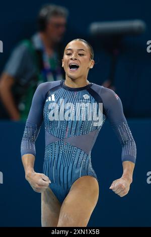 PARIS, FRANCE. 30th July, 2024.   Georgia-Mae Fenton of Team Great Britain reacts after her routine on the beam during the Women’s Team Final on day four of the Paris 2024 Olympic Games at Bercy Arena, Paris, France.   Credit: Craig Mercer/Alamy Live News Stock Photo